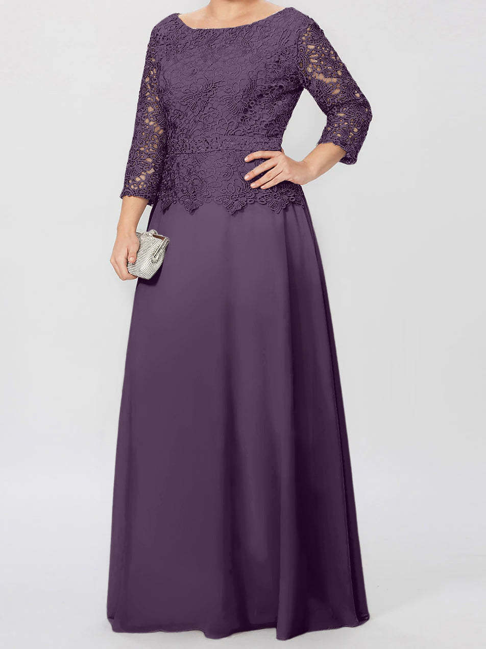 Floor-Length A-Line Princess Gown with Round Neck and 3/4 Sleeves Embellished with Applique & Sequins