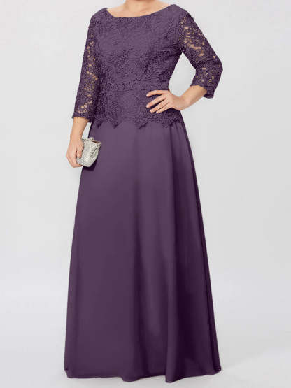 Floor-Length A-Line Princess Gown with Round Neck and 3/4 Sleeves Embellished with Applique & Sequins