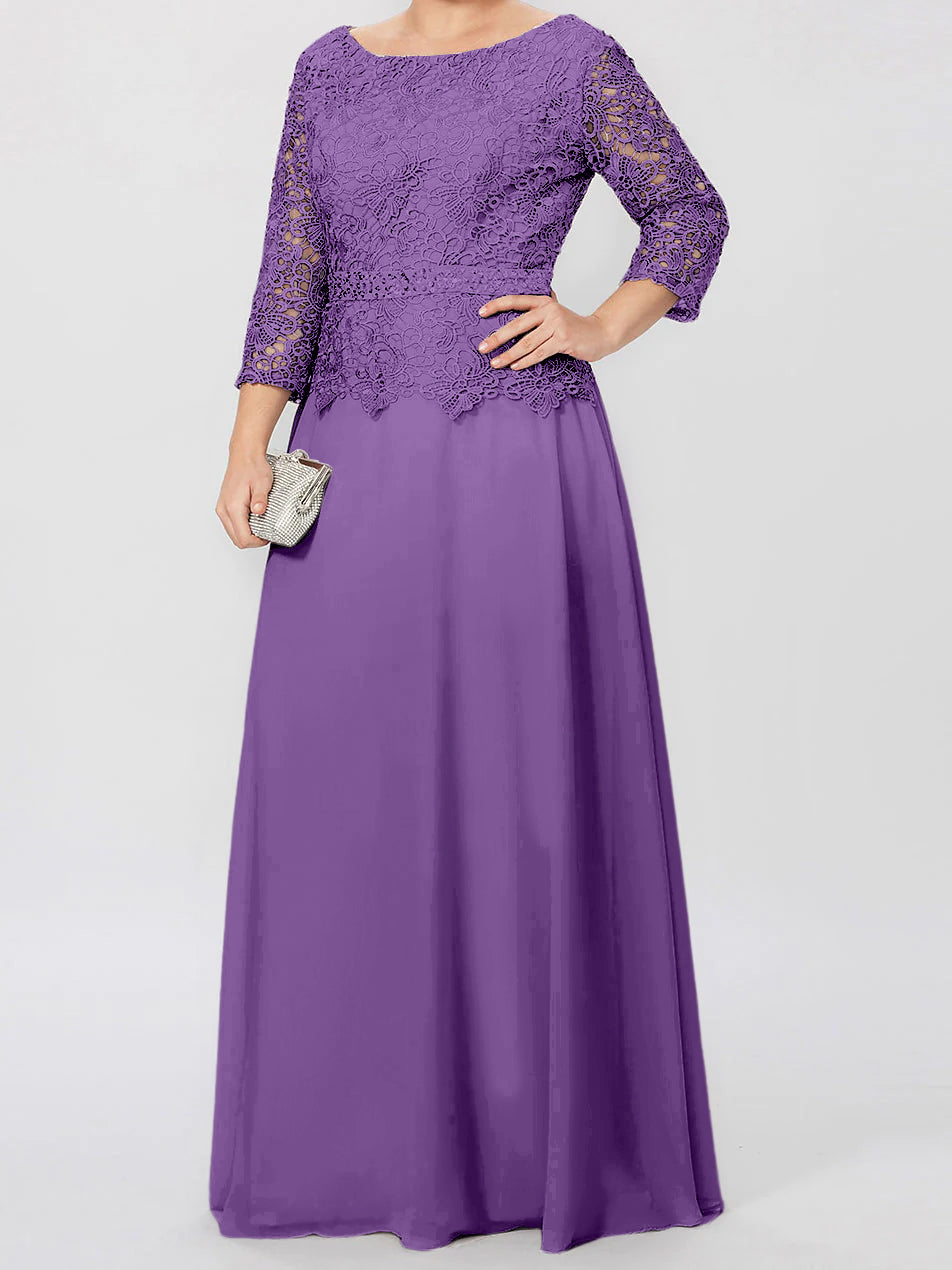 Floor-Length A-Line Princess Gown with Round Neck and 3/4 Sleeves Embellished with Applique & Sequins