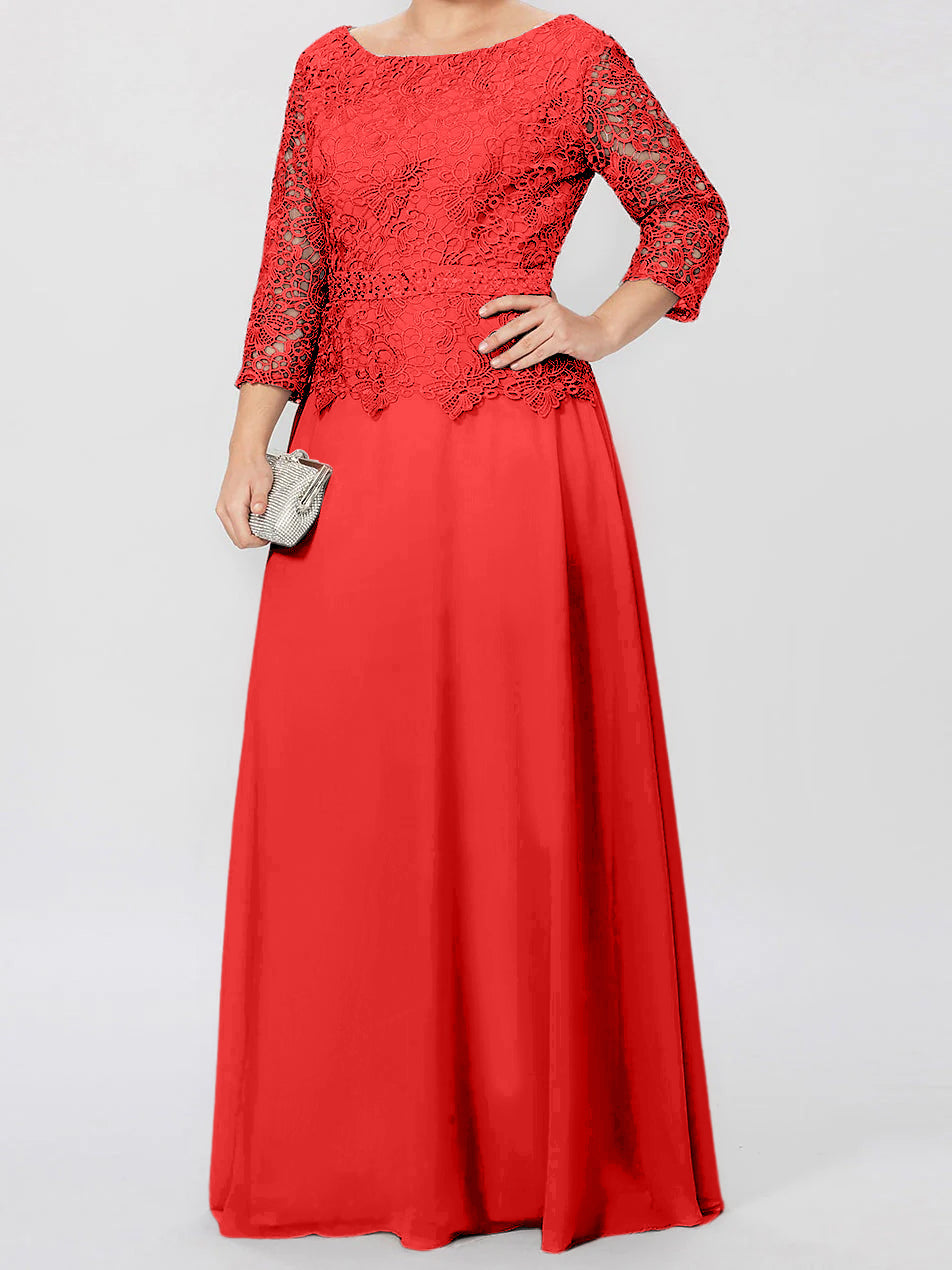 Floor-Length A-Line Princess Gown with Round Neck and 3/4 Sleeves Embellished with Applique & Sequins