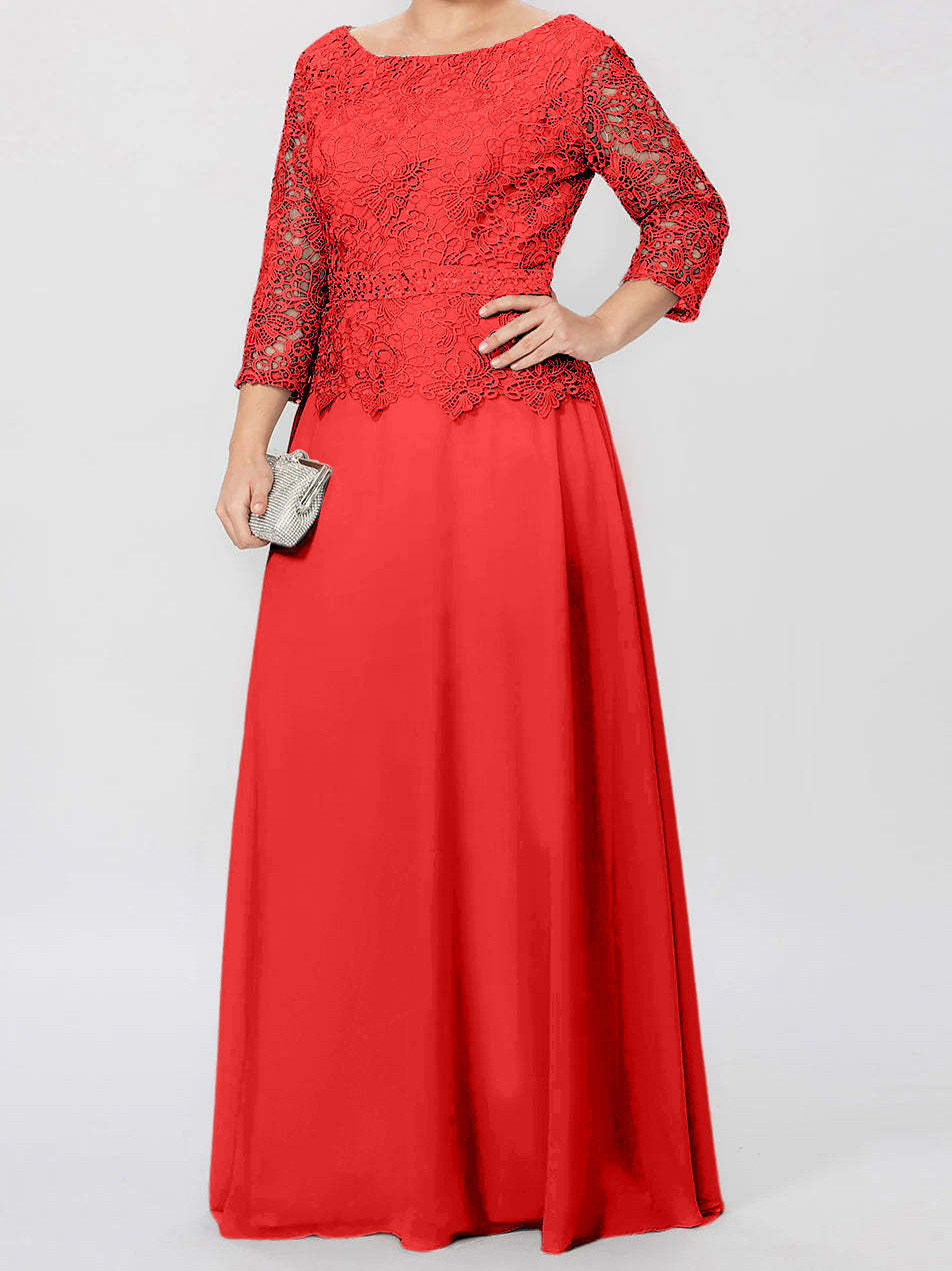 Floor-Length A-Line Princess Gown with Round Neck and 3/4 Sleeves Embellished with Applique & Sequins