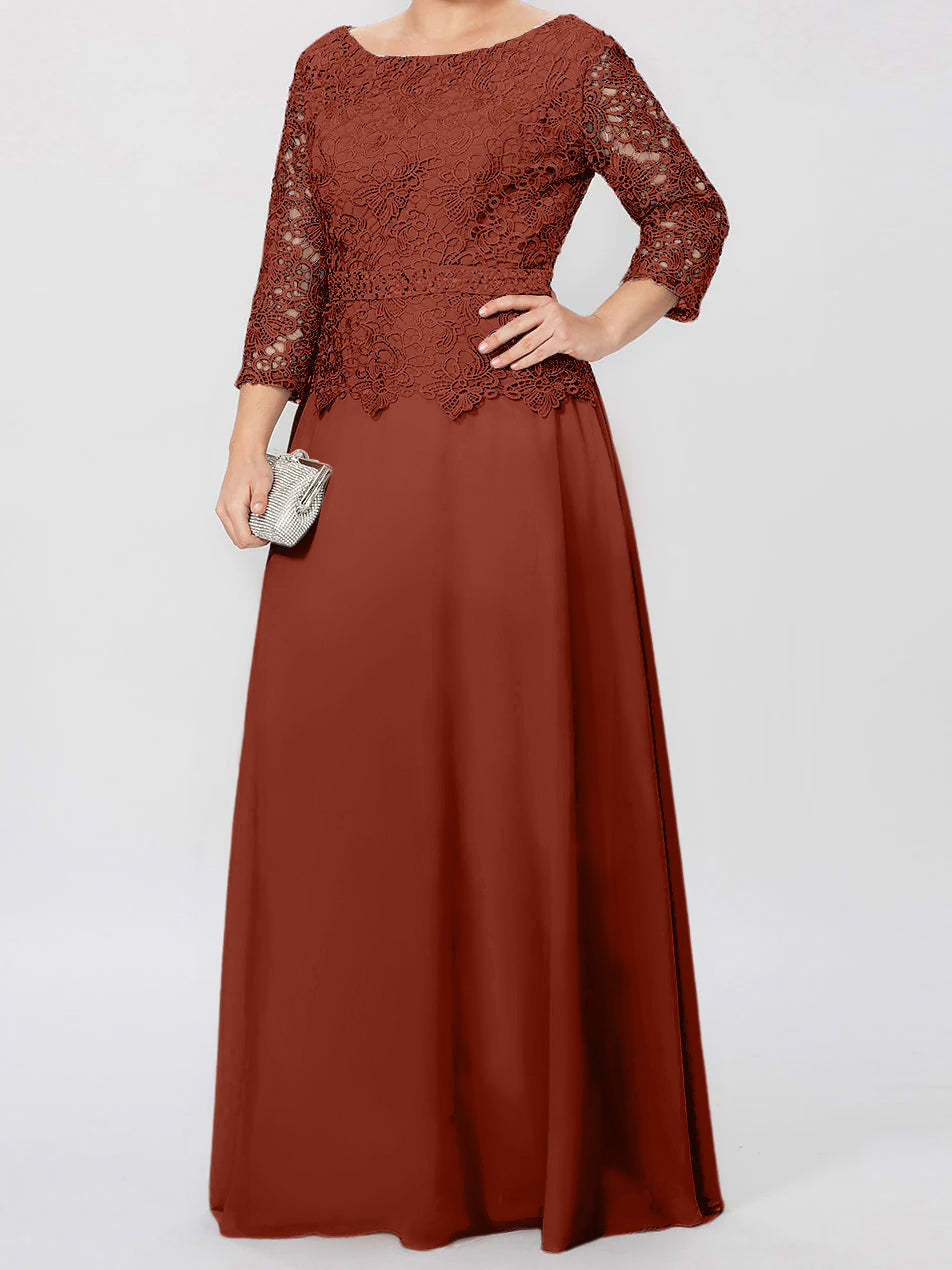 Floor-Length A-Line Princess Gown with Round Neck and 3/4 Sleeves Embellished with Applique & Sequins
