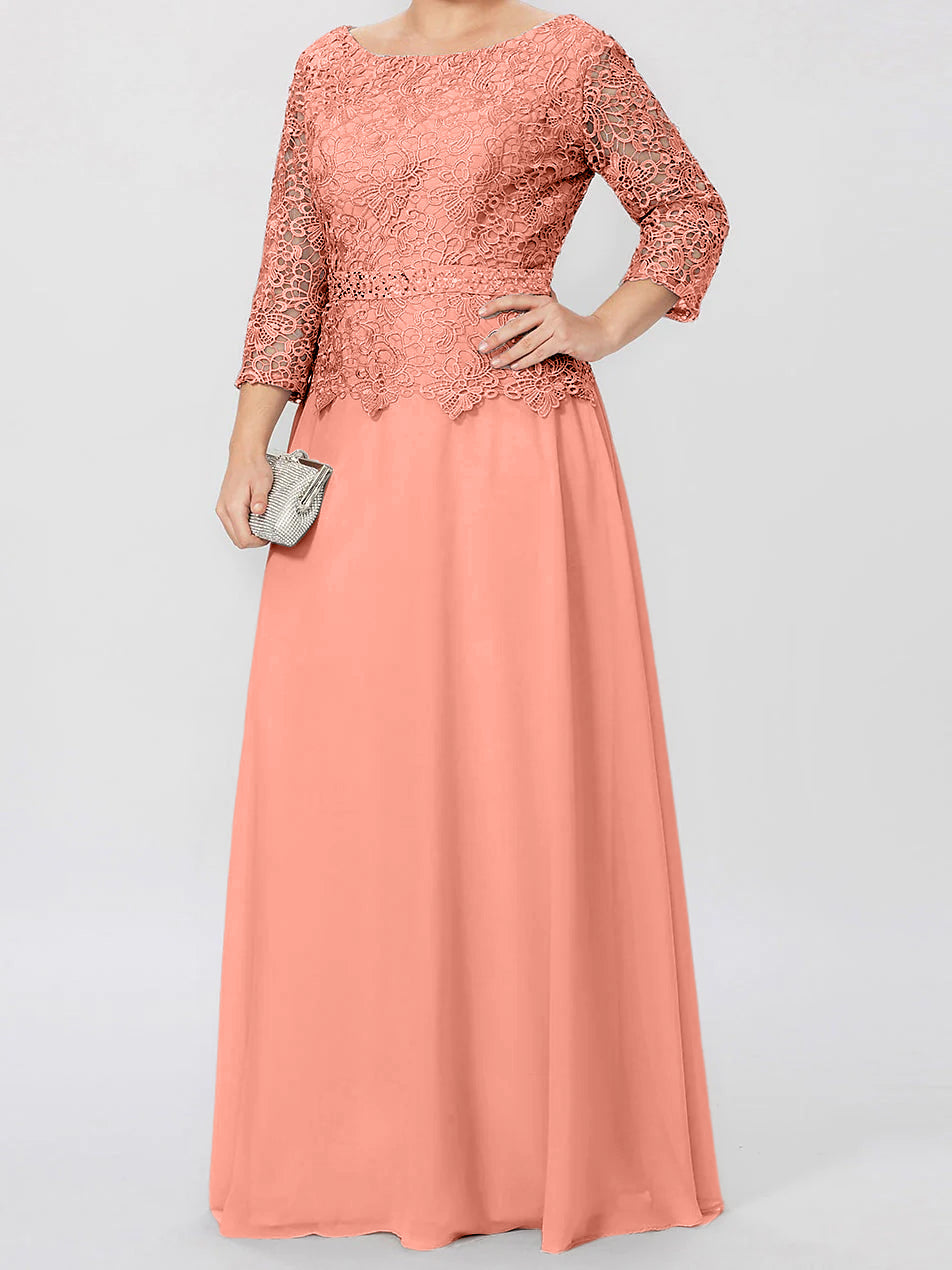 Floor-Length A-Line Princess Gown with Round Neck and 3/4 Sleeves Embellished with Applique & Sequins