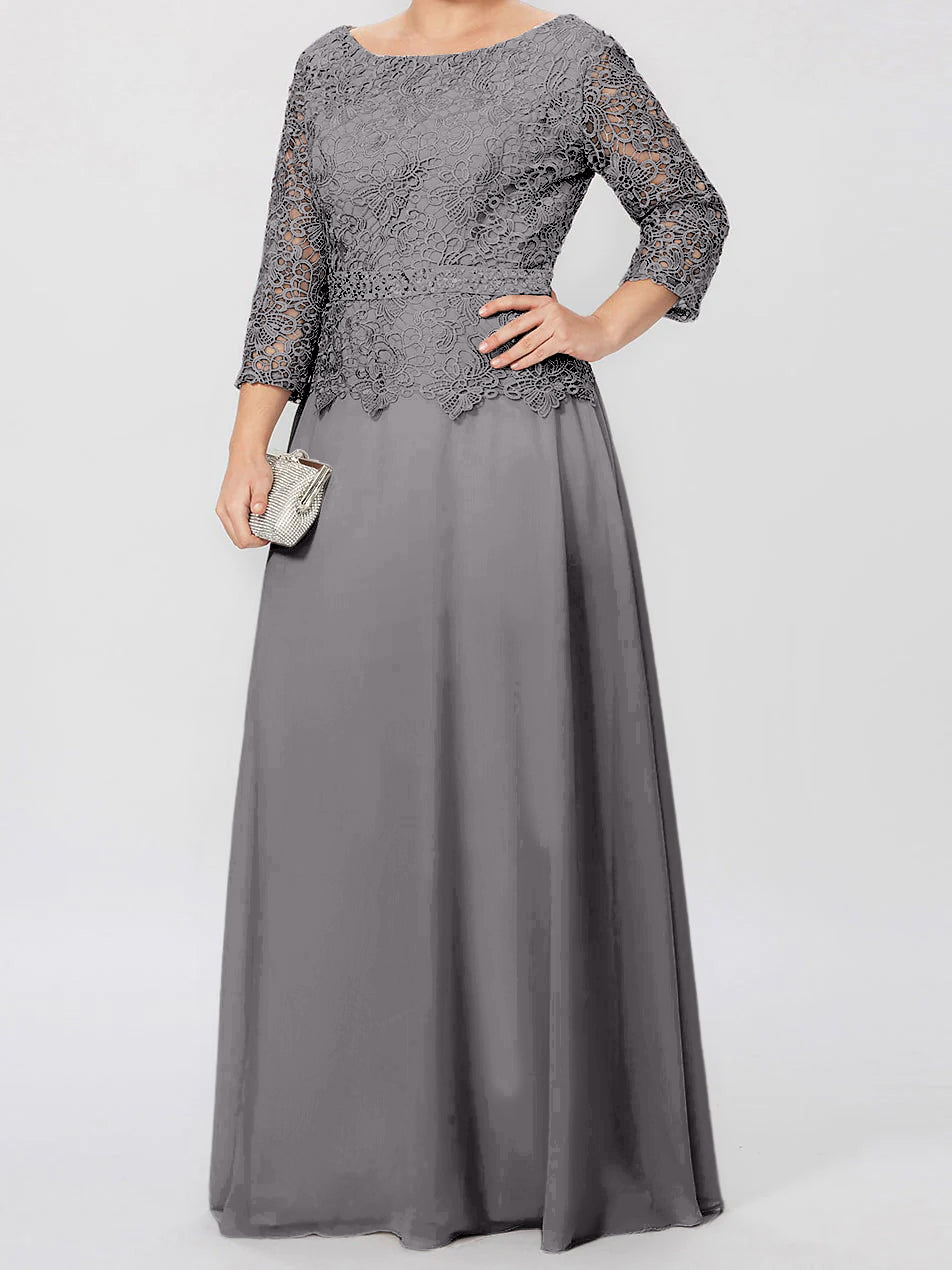 Floor-Length A-Line Princess Gown with Round Neck and 3/4 Sleeves Embellished with Applique & Sequins
