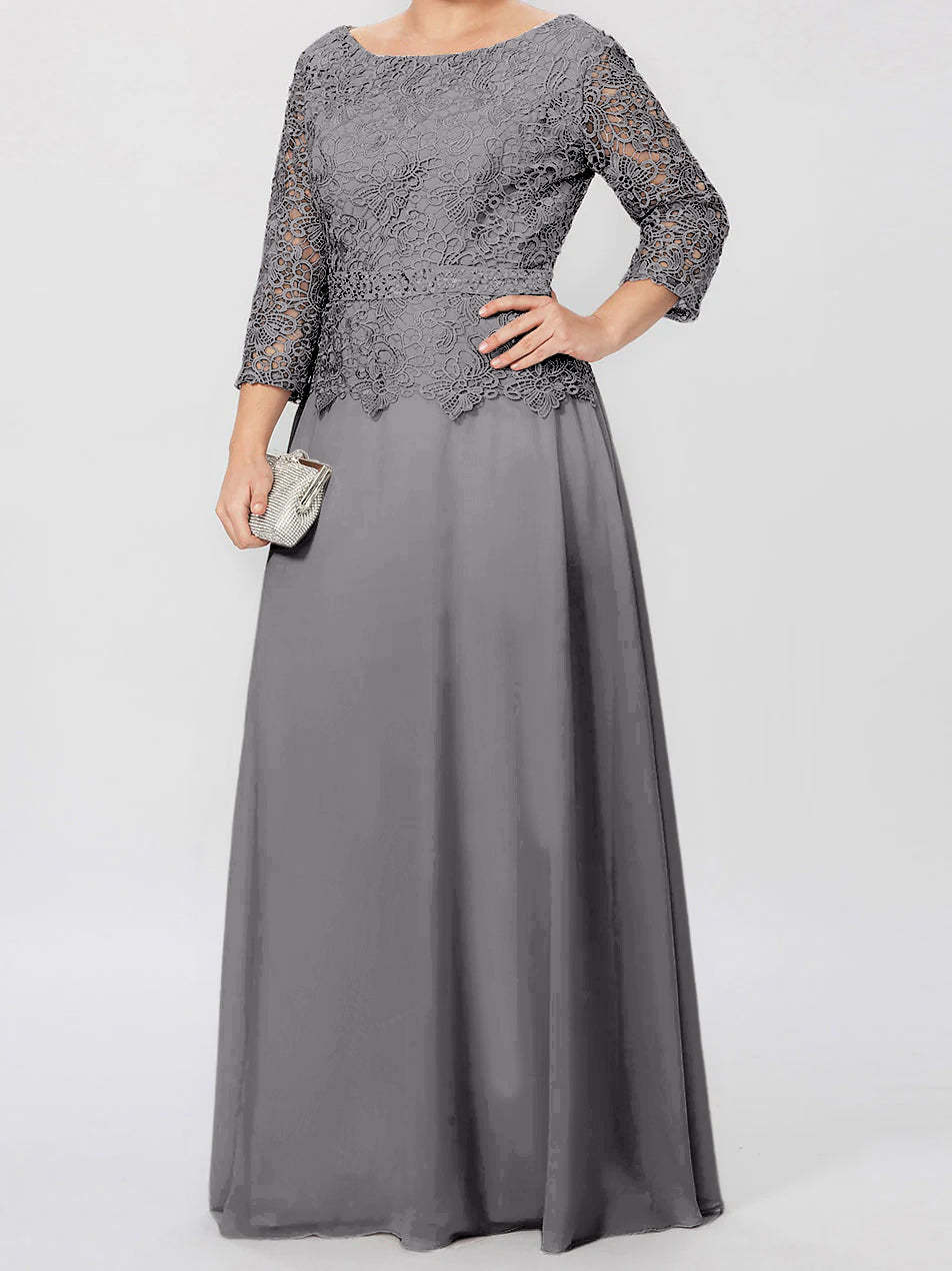Floor-Length A-Line Princess Gown with Round Neck and 3/4 Sleeves Embellished with Applique & Sequins