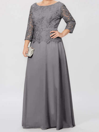 Floor-Length A-Line Princess Gown with Round Neck and 3/4 Sleeves Embellished with Applique & Sequins
