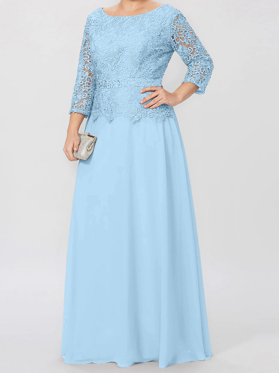Floor-Length A-Line Princess Gown with Round Neck and 3/4 Sleeves Embellished with Applique & Sequins