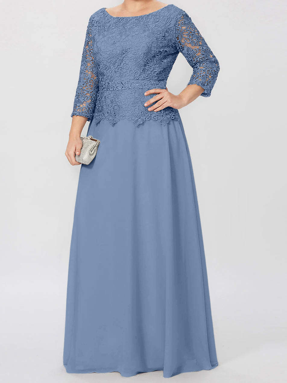 Floor-Length A-Line Princess Gown with Round Neck and 3/4 Sleeves Embellished with Applique & Sequins