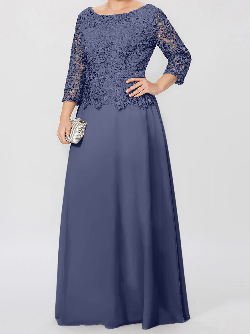 Floor-Length A-Line Princess Gown with Round Neck and 3/4 Sleeves Embellished with Applique & Sequins