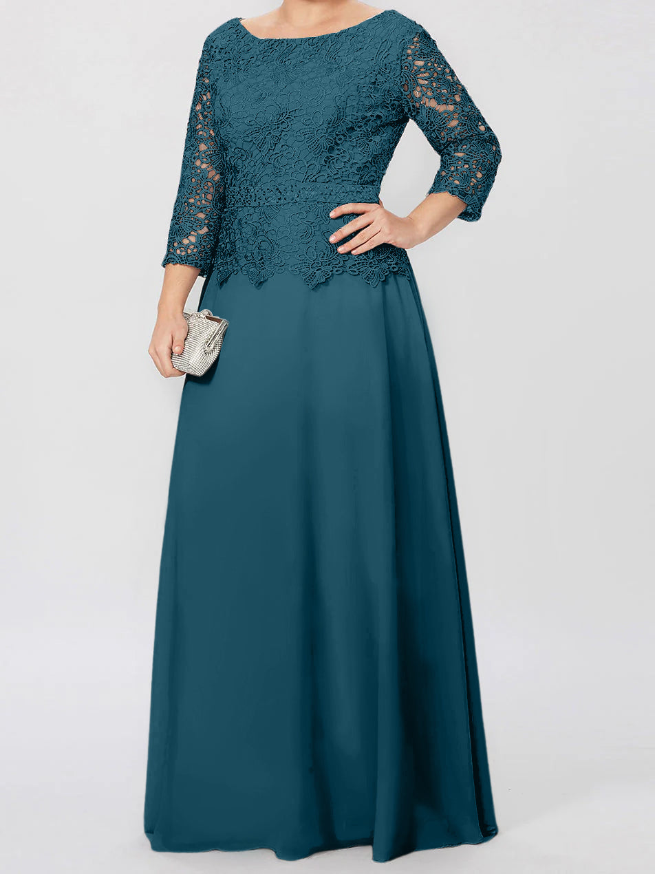 Floor-Length A-Line Princess Gown with Round Neck and 3/4 Sleeves Embellished with Applique & Sequins