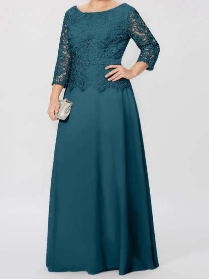 Floor-Length A-Line Princess Gown with Round Neck and 3/4 Sleeves Embellished with Applique & Sequins