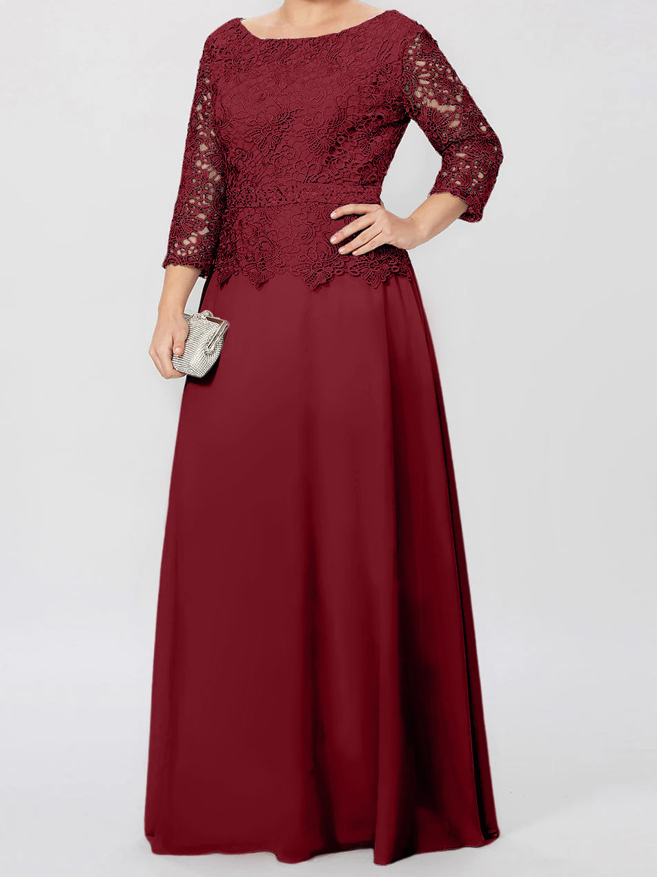 Floor-Length A-Line Princess Gown with Round Neck and 3/4 Sleeves Embellished with Applique & Sequins