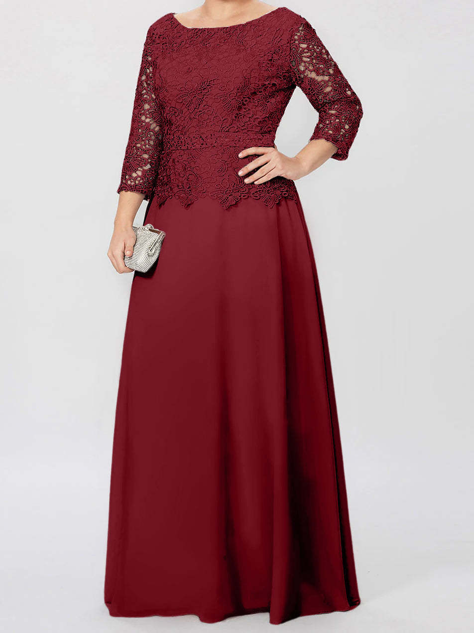 Floor-Length A-Line Princess Gown with Round Neck and 3/4 Sleeves Embellished with Applique & Sequins