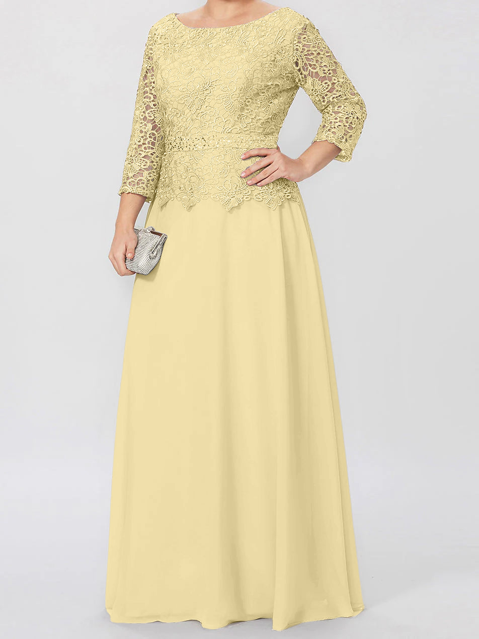Floor-Length A-Line Princess Gown with Round Neck and 3/4 Sleeves Embellished with Applique & Sequins