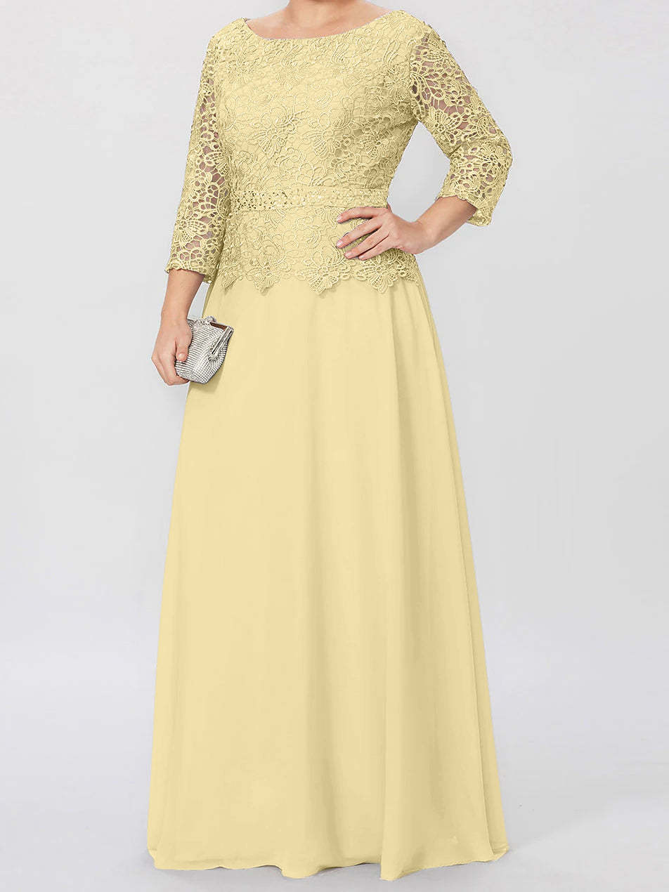Floor-Length A-Line Princess Gown with Round Neck and 3/4 Sleeves Embellished with Applique & Sequins