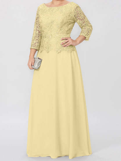 Floor-Length A-Line Princess Gown with Round Neck and 3/4 Sleeves Embellished with Applique & Sequins