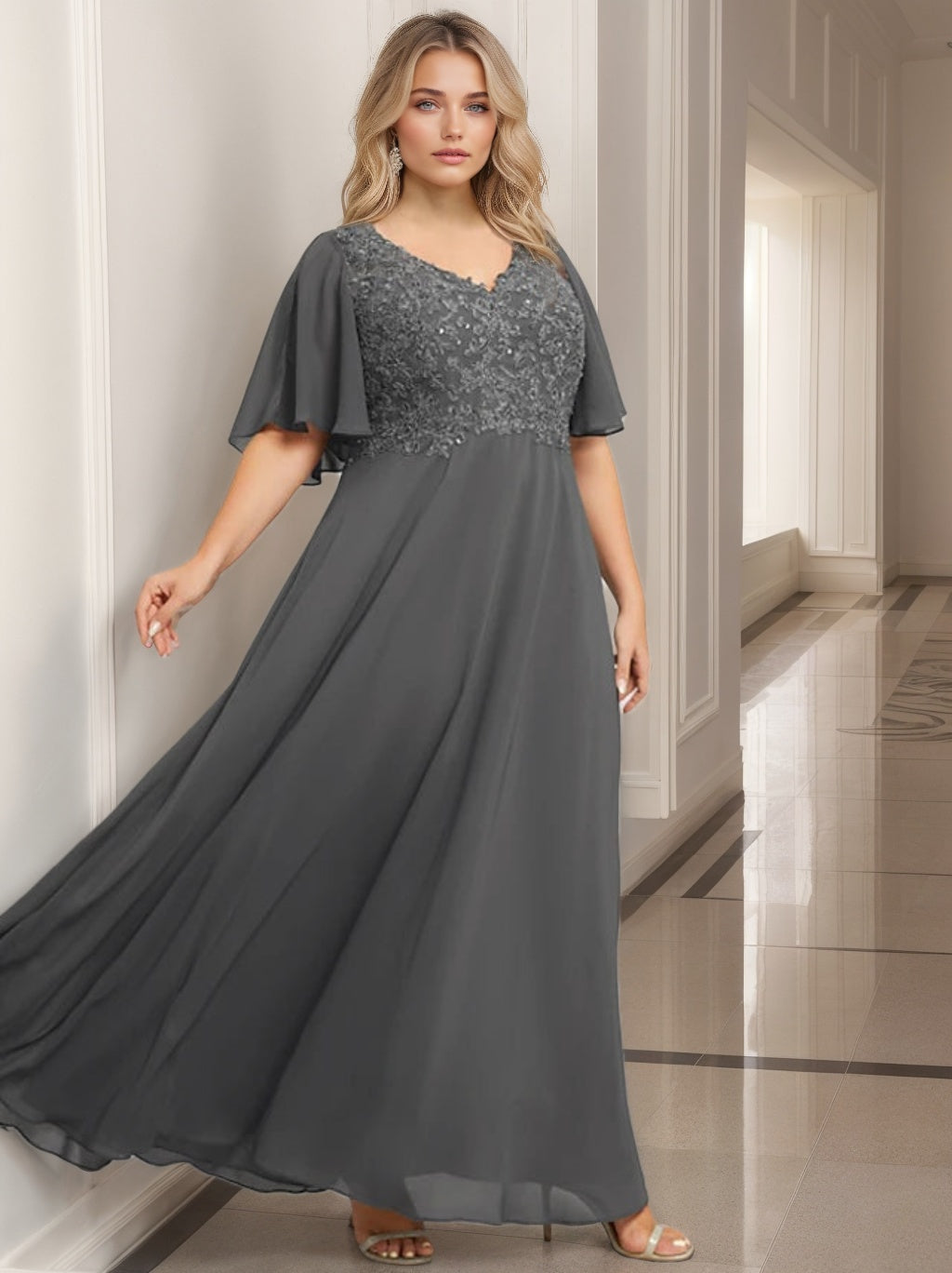 V-Neck A-Line Princess Floor-Length Mother of the Bride Dress with Applique and Half Sleeves