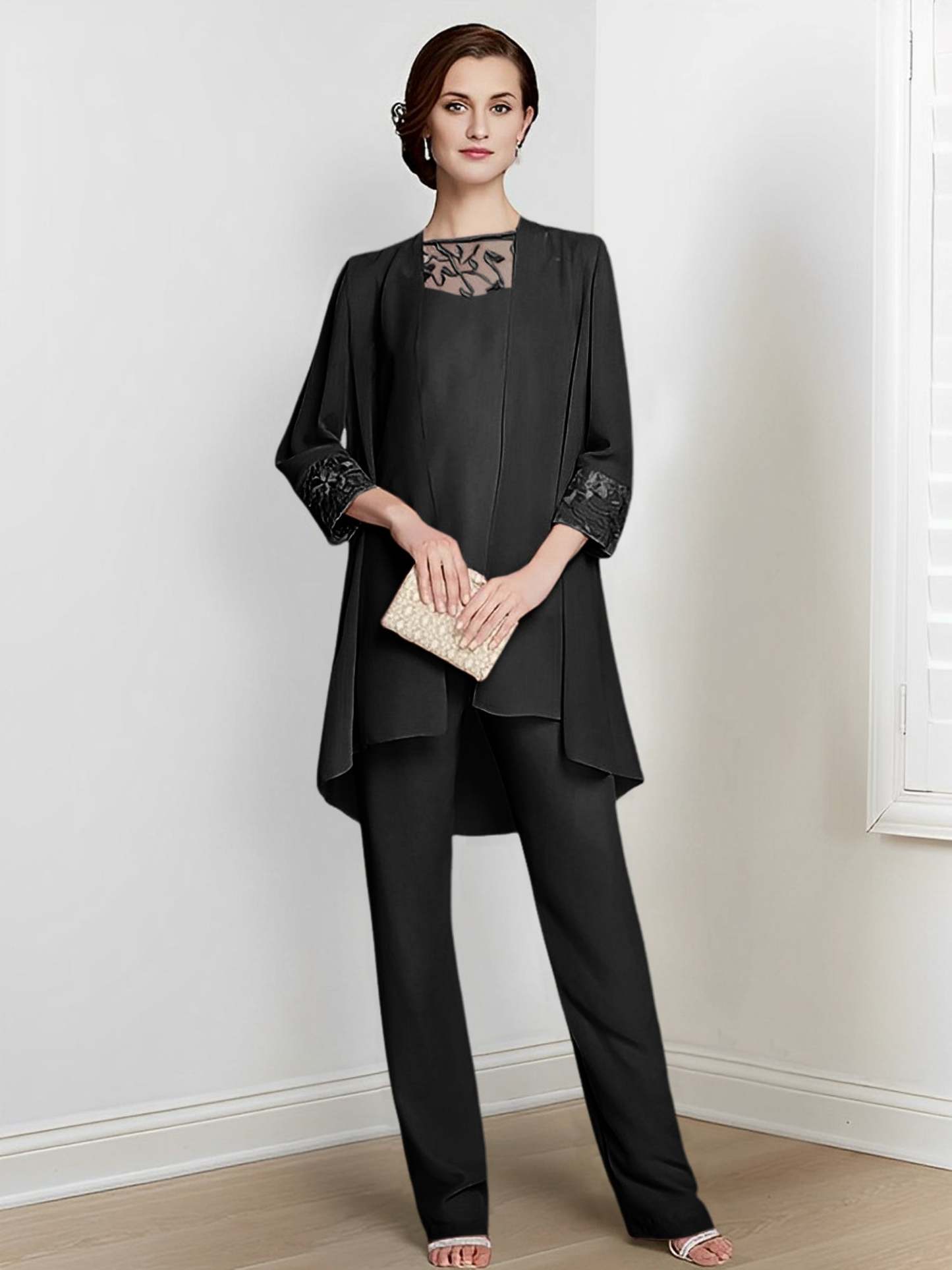 Floor-Length Square Neck Chiffon Pantsuit With Long Sleeves and Jacket for the Mother of the Bride