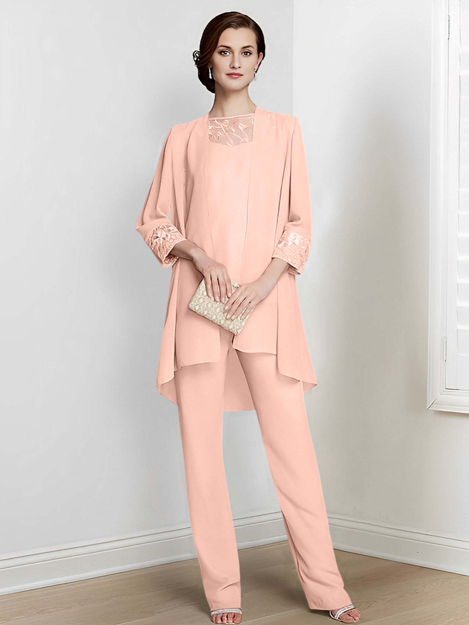 Floor-Length Square Neck Chiffon Pantsuit With Long Sleeves and Jacket for the Mother of the Bride