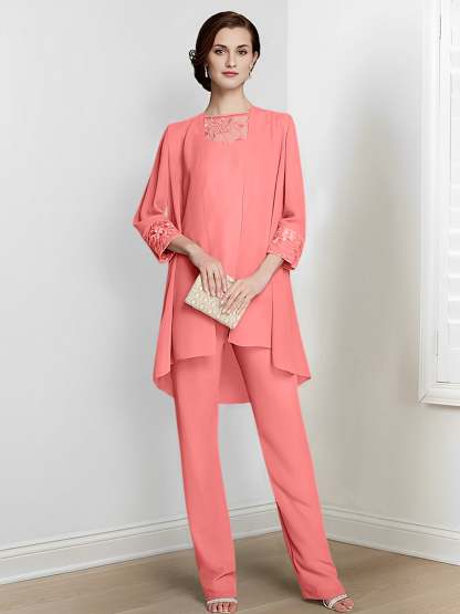 Floor-Length Square Neck Chiffon Pantsuit With Long Sleeves and Jacket for the Mother of the Bride