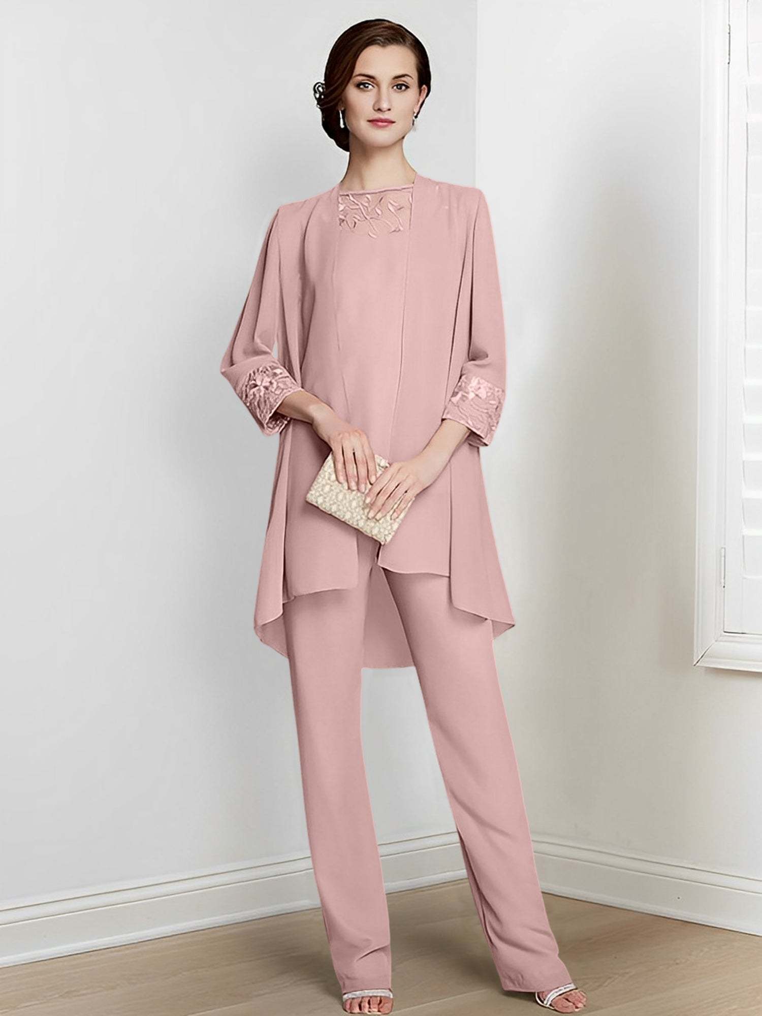 Floor-Length Square Neck Chiffon Pantsuit With Long Sleeves and Jacket for the Mother of the Bride