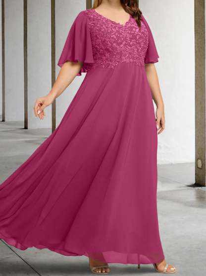 V-Neck A-Line Princess Floor-Length Mother of the Bride Dress with Applique and Half Sleeves