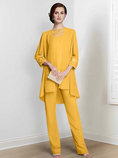 Floor-Length Square Neck Chiffon Pantsuit With Long Sleeves and Jacket for the Mother of the Bride