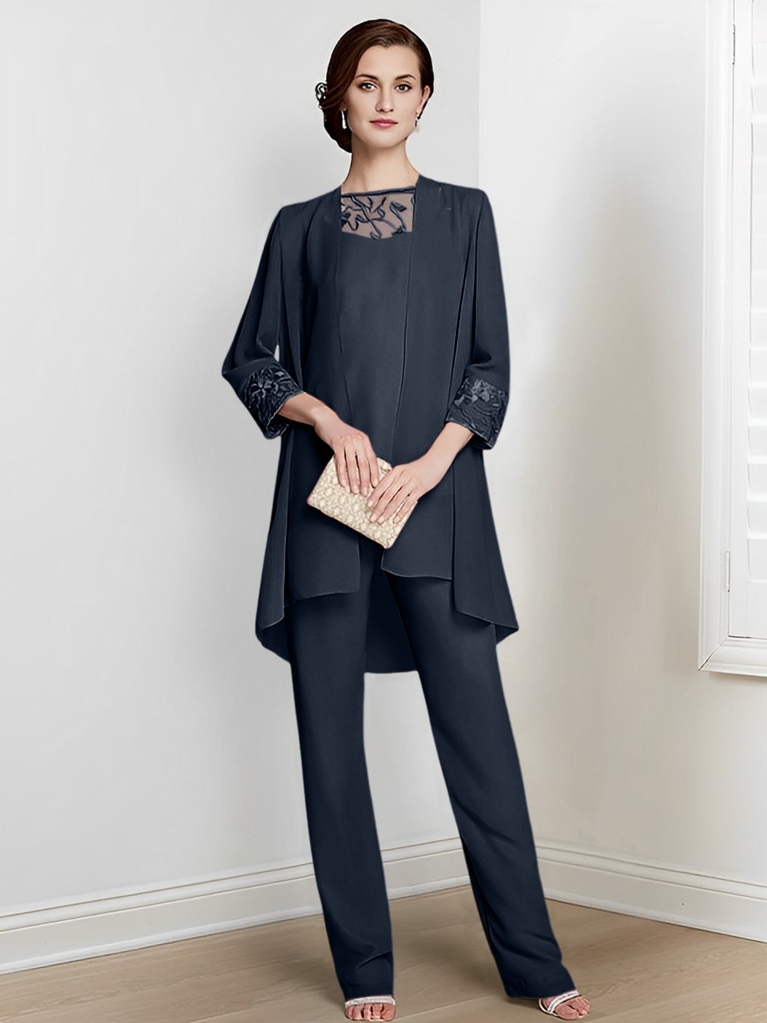 Floor-Length Square Neck Chiffon Pantsuit With Long Sleeves and Jacket for the Mother of the Bride