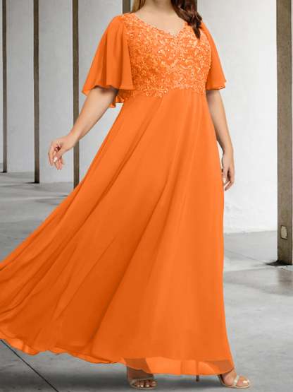 V-Neck A-Line Princess Floor-Length Mother of the Bride Dress with Applique and Half Sleeves