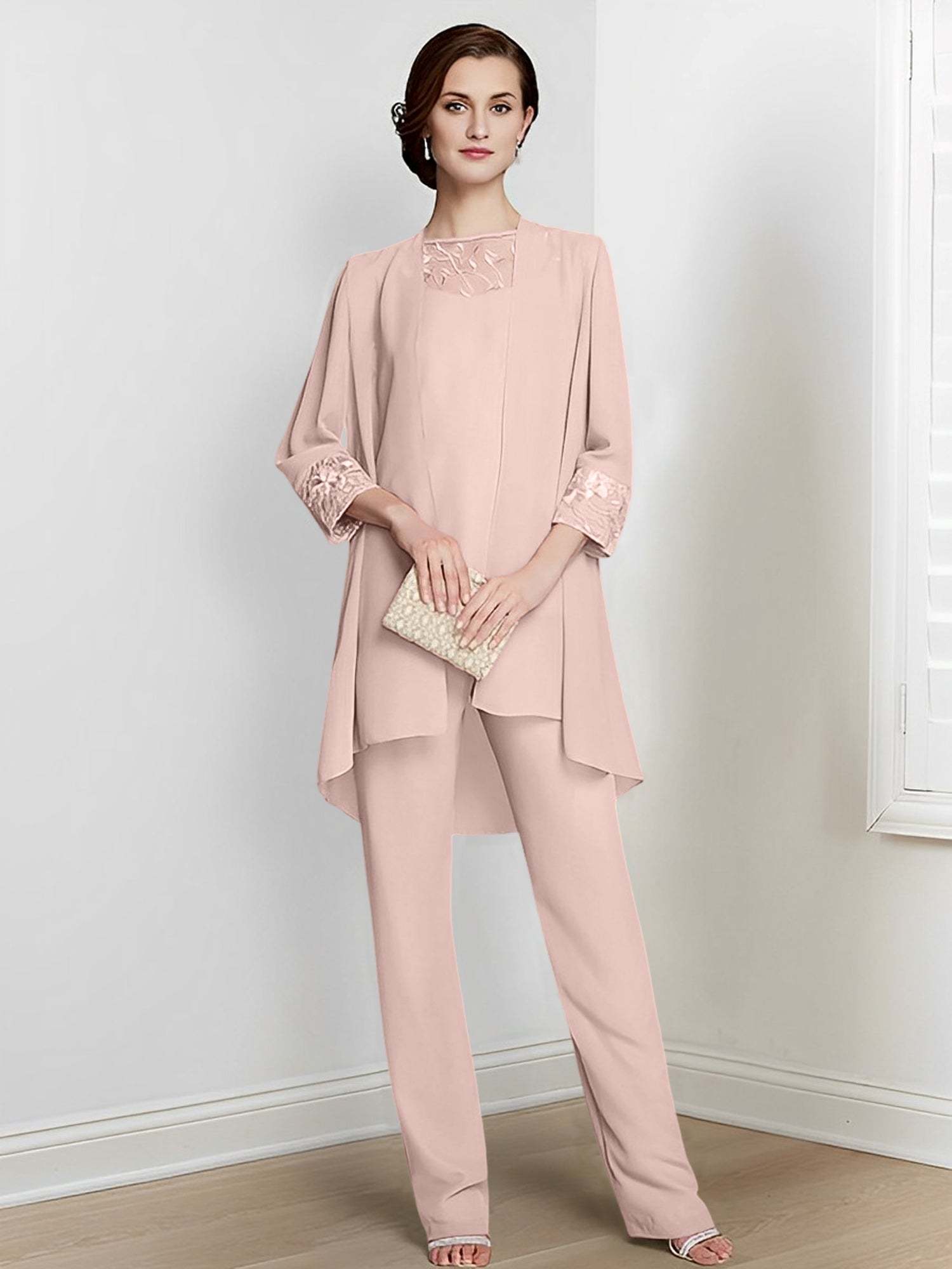 Floor-Length Square Neck Chiffon Pantsuit With Long Sleeves and Jacket for the Mother of the Bride