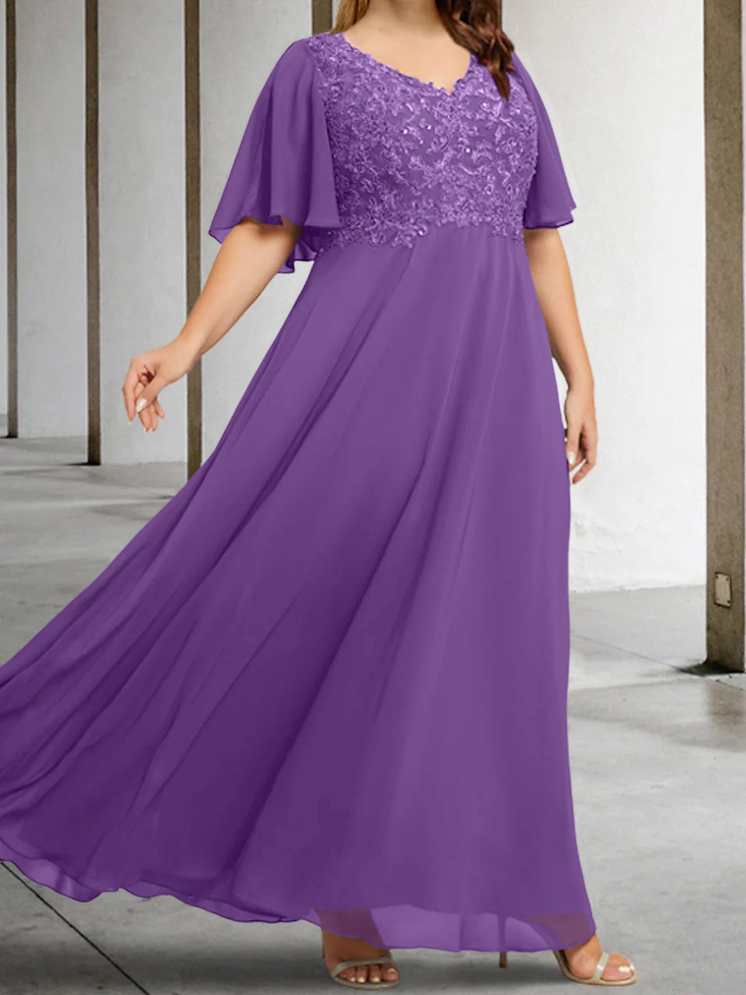 V-Neck A-Line Princess Floor-Length Mother of the Bride Dress with Applique and Half Sleeves