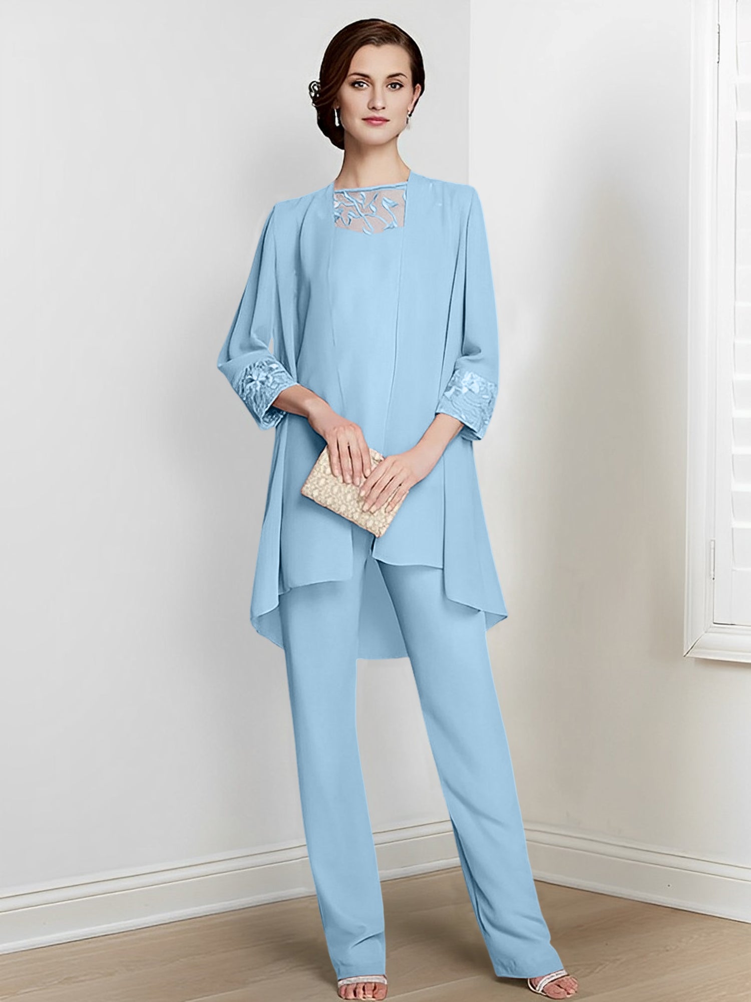 Floor-Length Square Neck Chiffon Pantsuit With Long Sleeves and Jacket for the Mother of the Bride