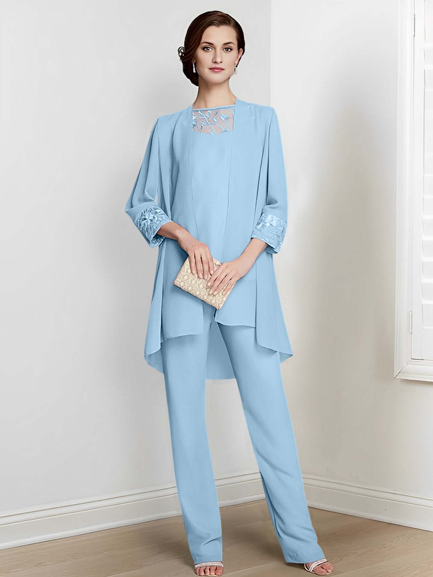 Floor-Length Square Neck Chiffon Pantsuit With Long Sleeves and Jacket for the Mother of the Bride