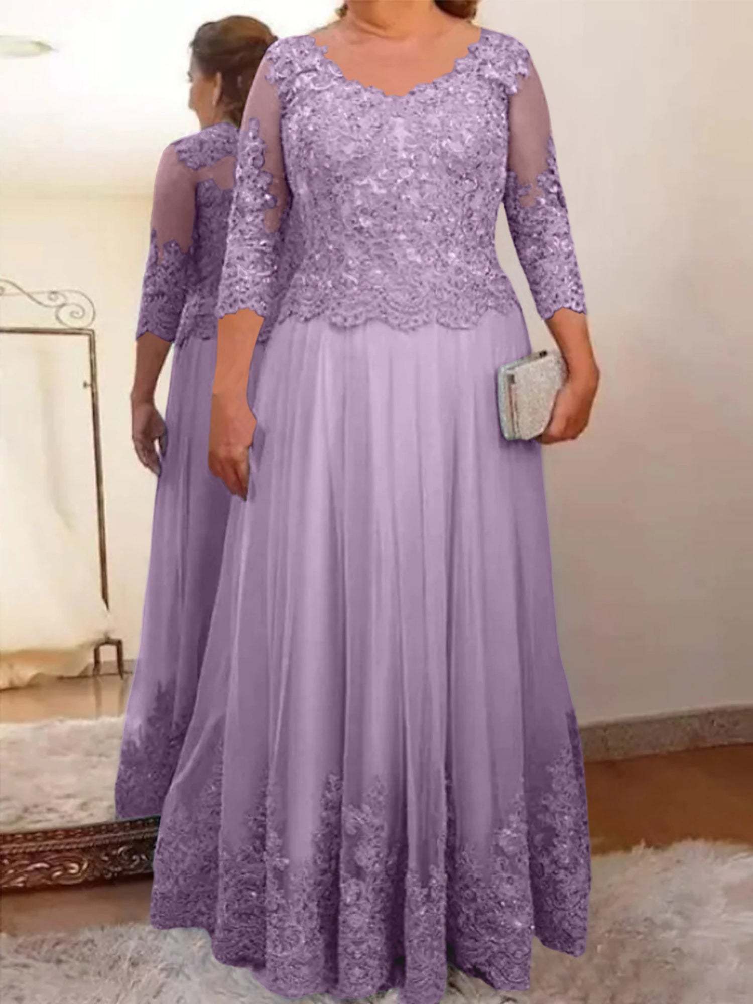 Floor-Length A-Line Mother of the Bride Dress with Sheer Neck and 3/4 Sleeves Featuring Applique