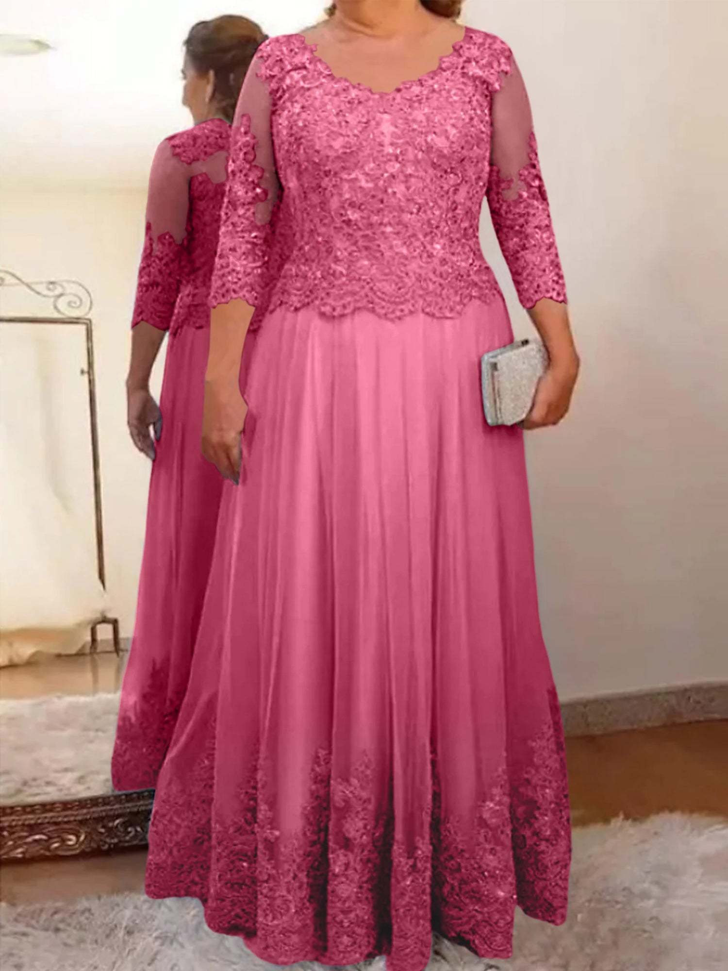 Floor-Length A-Line Mother of the Bride Dress with Sheer Neck and 3/4 Sleeves Featuring Applique