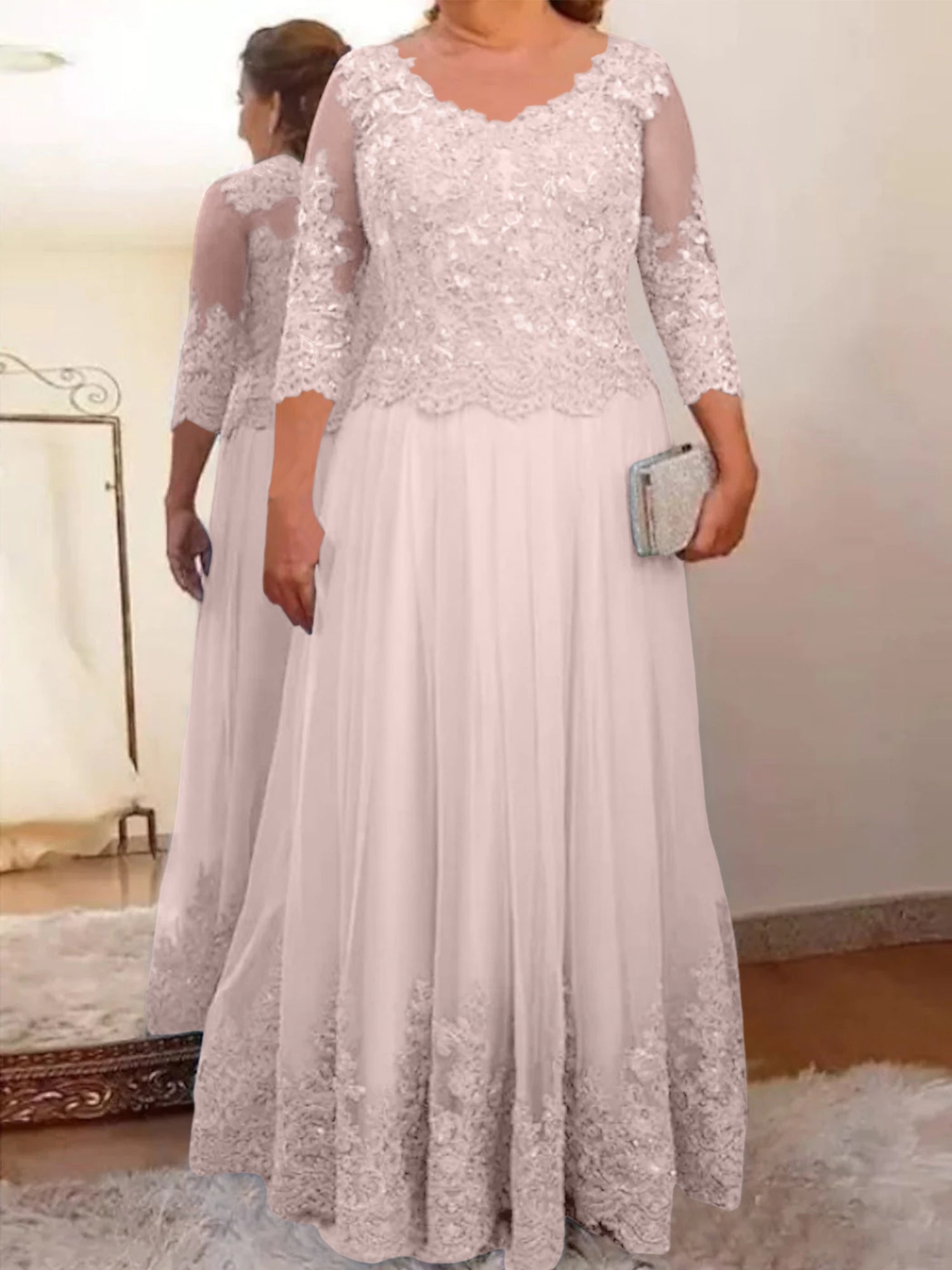 Floor-Length A-Line Mother of the Bride Dress with Sheer Neck and 3/4 Sleeves Featuring Applique
