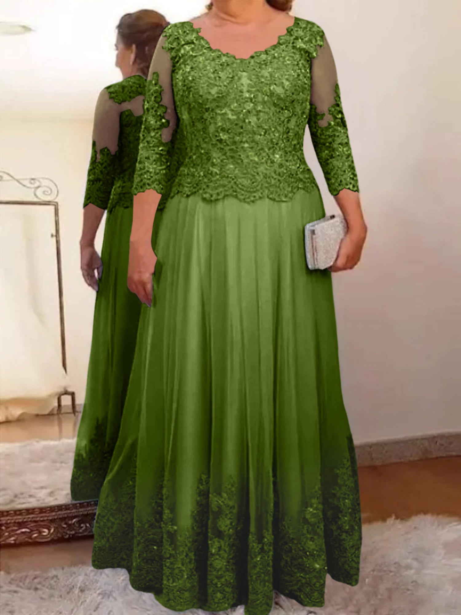 Floor-Length A-Line Mother of the Bride Dress with Sheer Neck and 3/4 Sleeves Featuring Applique