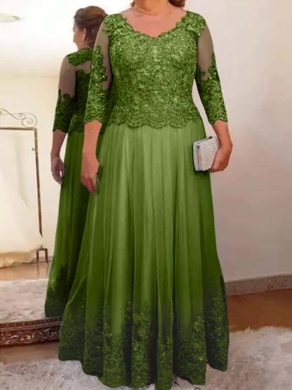 Floor-Length A-Line Mother of the Bride Dress with Sheer Neck and 3/4 Sleeves Featuring Applique