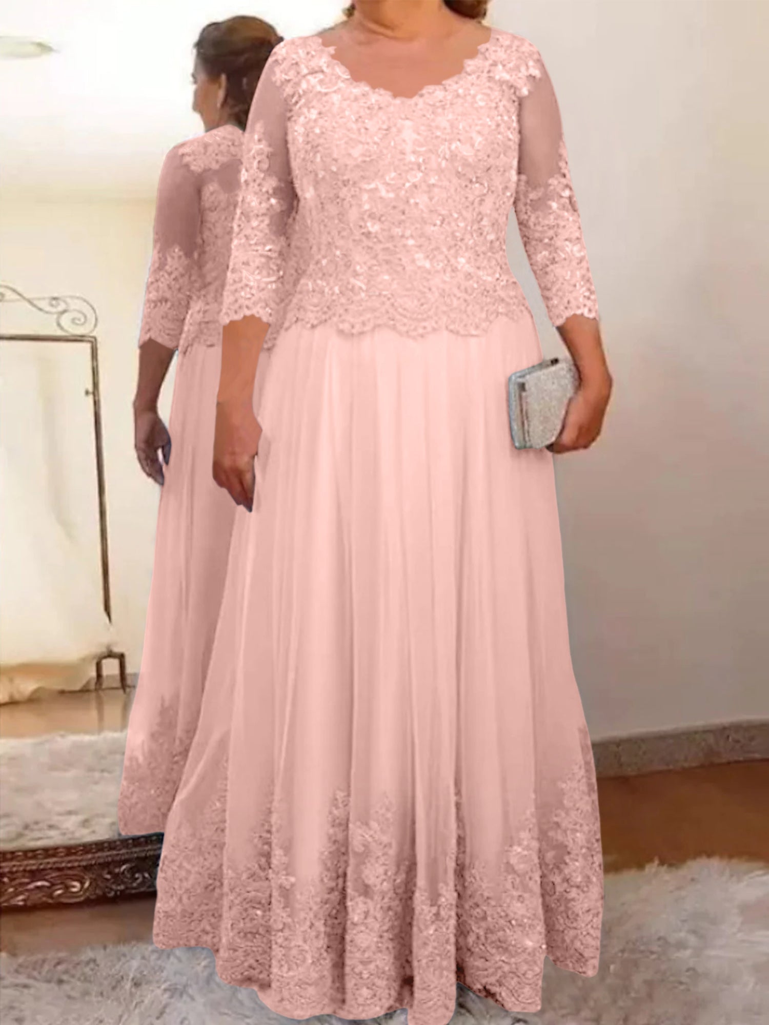 Floor-Length A-Line Mother of the Bride Dress with Sheer Neck and 3/4 Sleeves Featuring Applique