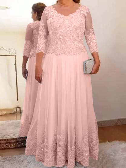 Floor-Length A-Line Mother of the Bride Dress with Sheer Neck and 3/4 Sleeves Featuring Applique