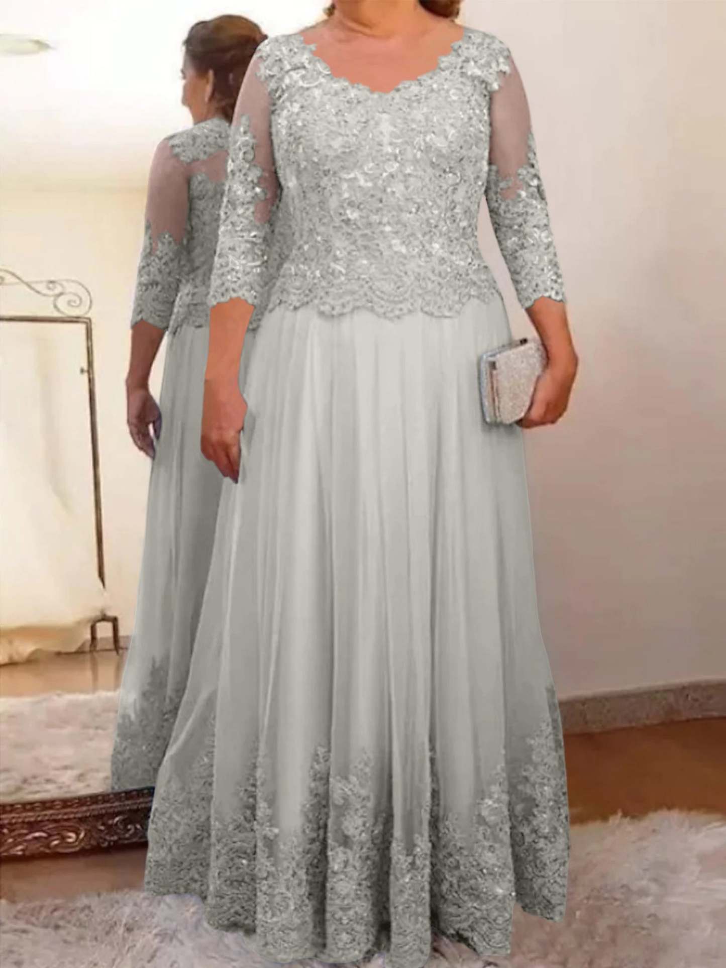 Floor-Length A-Line Mother of the Bride Dress with Sheer Neck and 3/4 Sleeves Featuring Applique