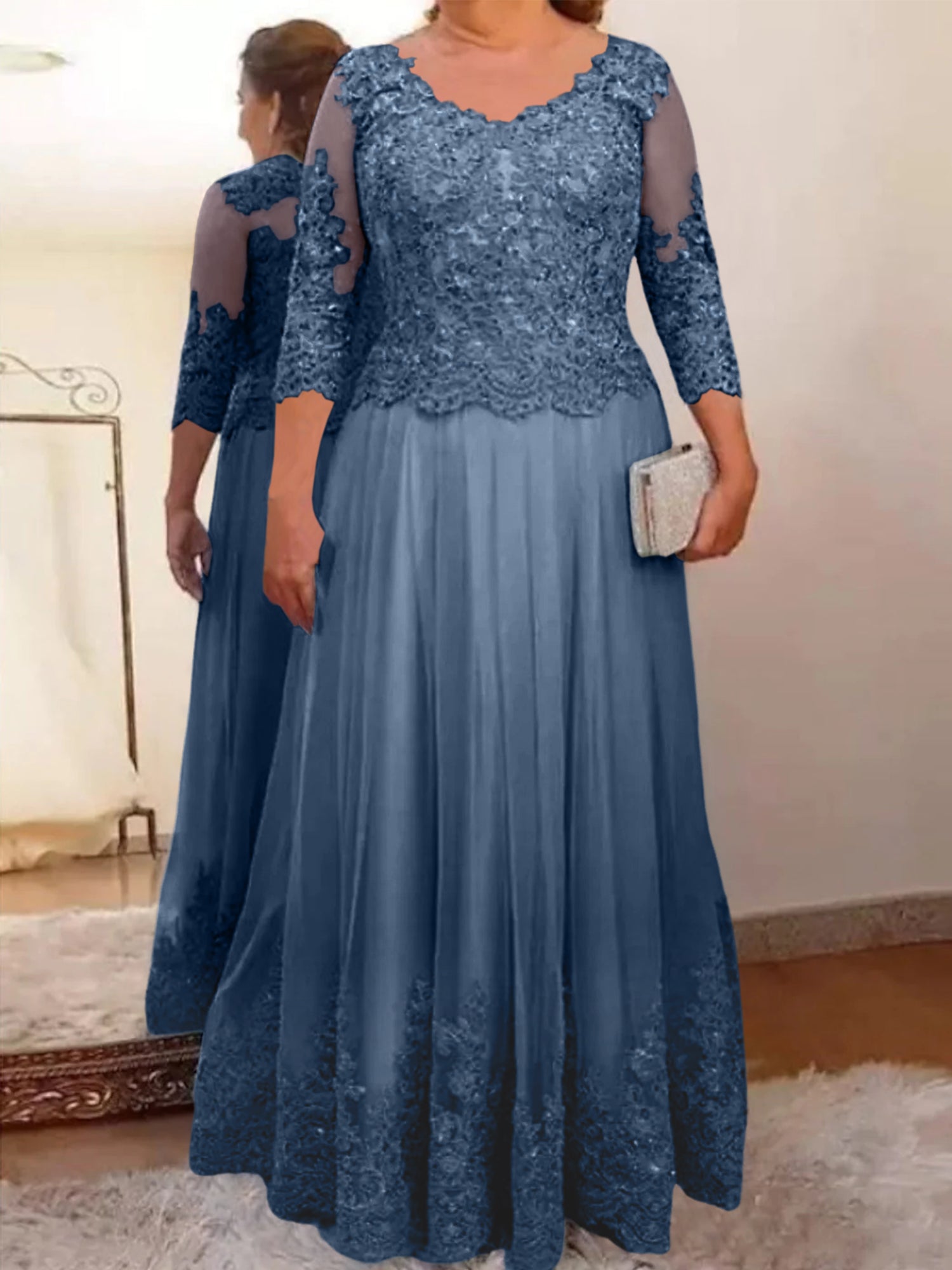 Floor-Length A-Line Mother of the Bride Dress with Sheer Neck and 3/4 Sleeves Featuring Applique