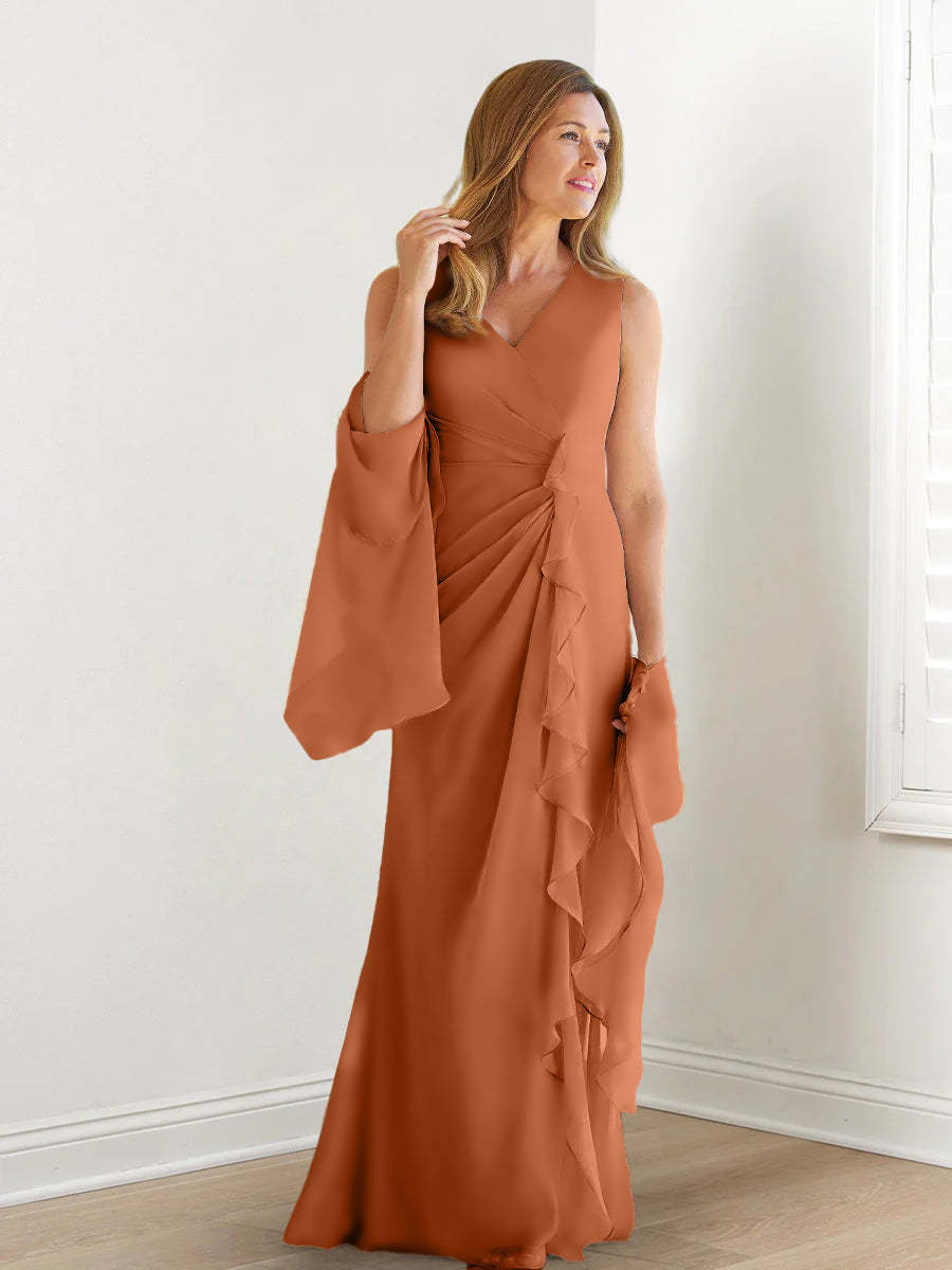 V-Neck Sleeveless Floor-Length Mother of the Bride Gown with Wraps & Ruffles