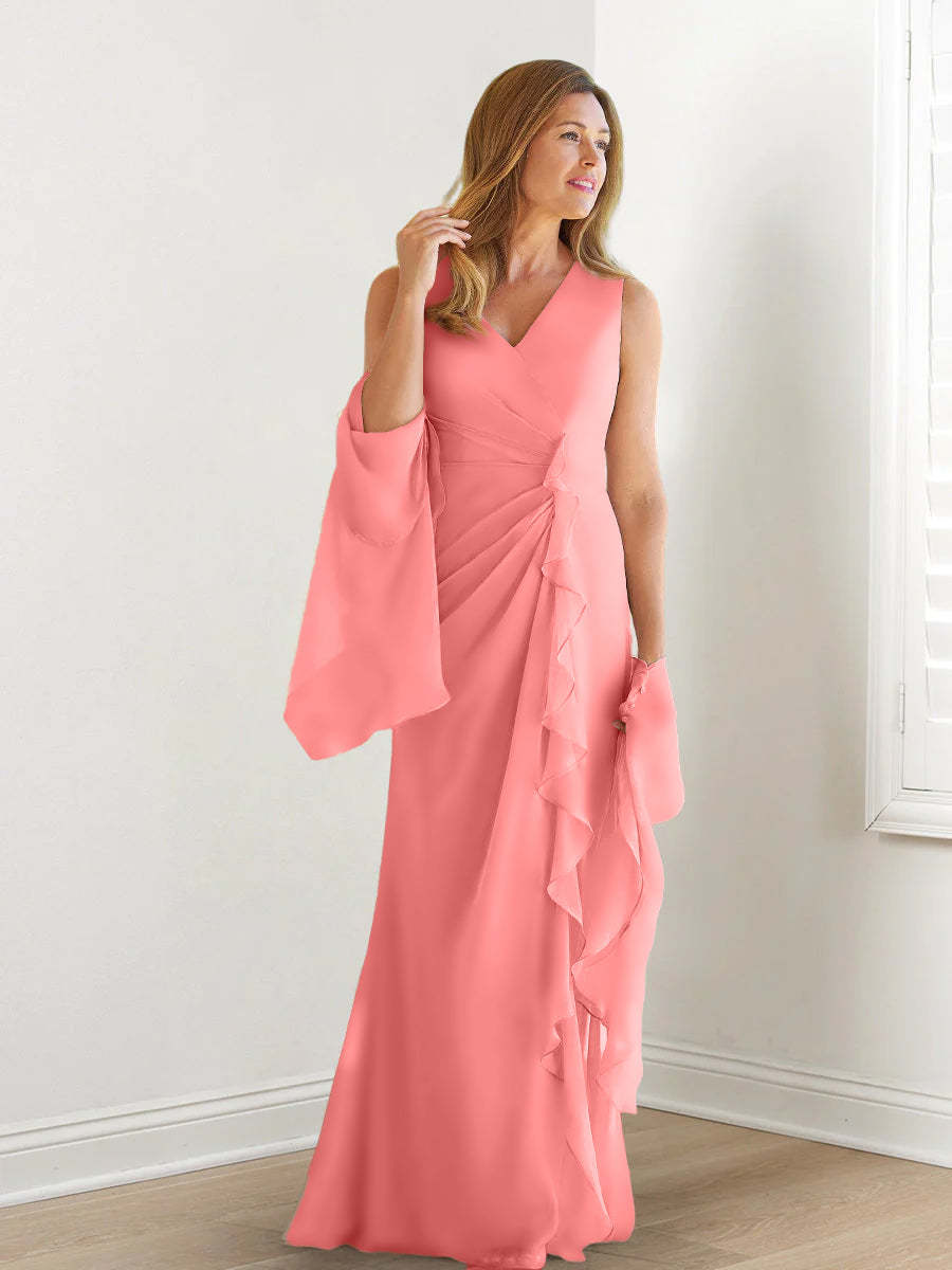 V-Neck Sleeveless Floor-Length Mother of the Bride Gown with Wraps & Ruffles