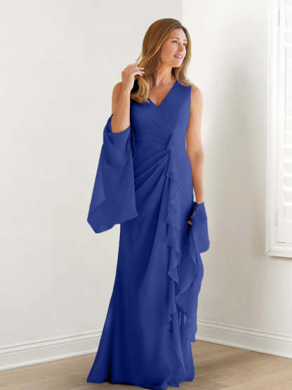 V-Neck Sleeveless Floor-Length Mother of the Bride Gown with Wraps & Ruffles