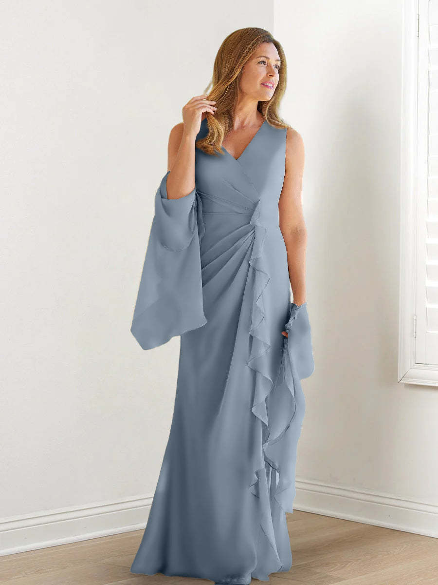 V-Neck Sleeveless Floor-Length Mother of the Bride Gown with Wraps & Ruffles