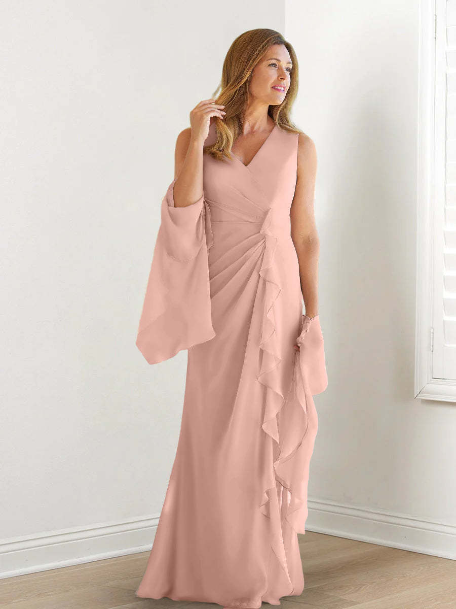 V-Neck Sleeveless Floor-Length Mother of the Bride Gown with Wraps & Ruffles
