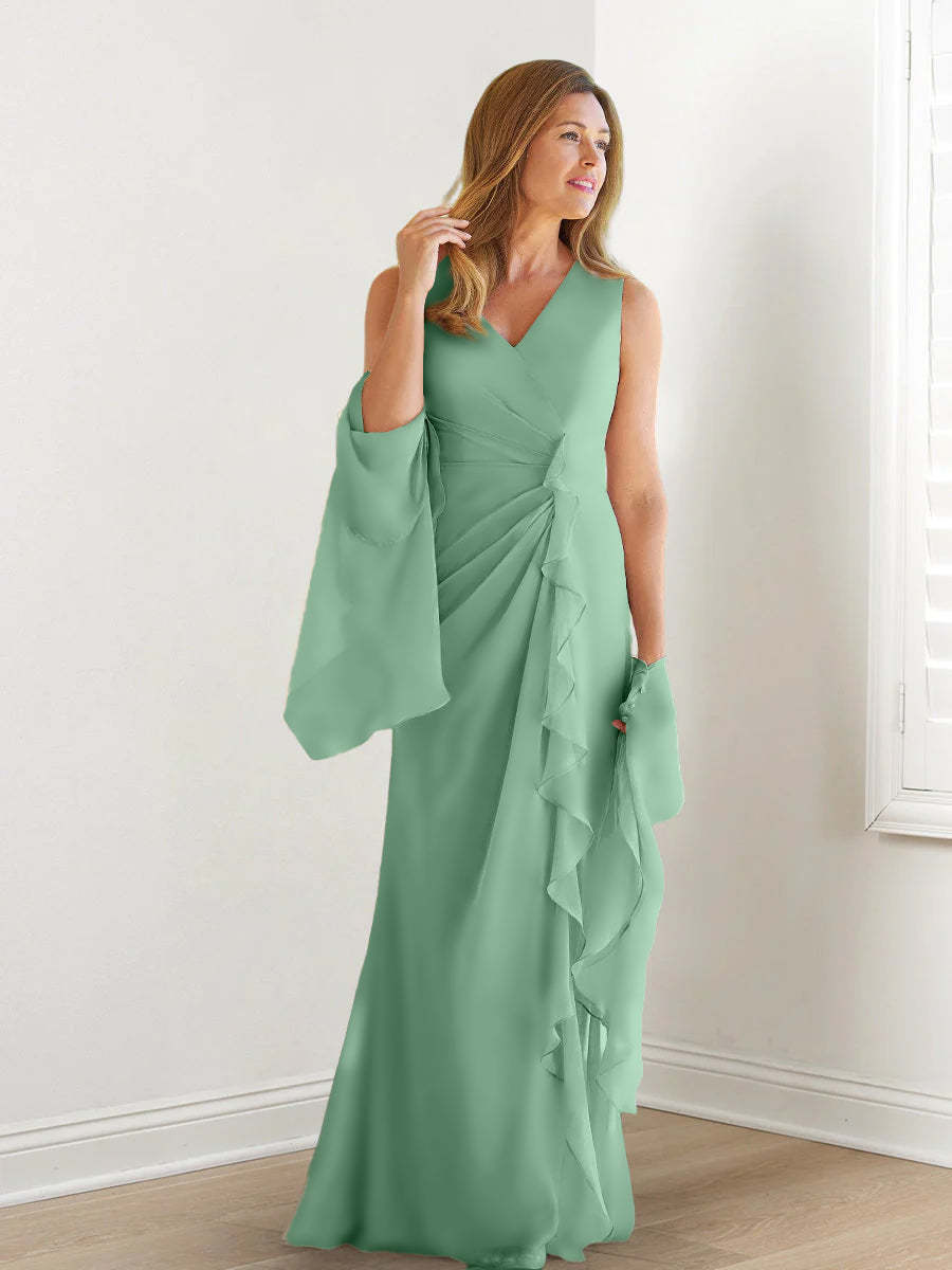 V-Neck Sleeveless Floor-Length Mother of the Bride Gown with Wraps & Ruffles