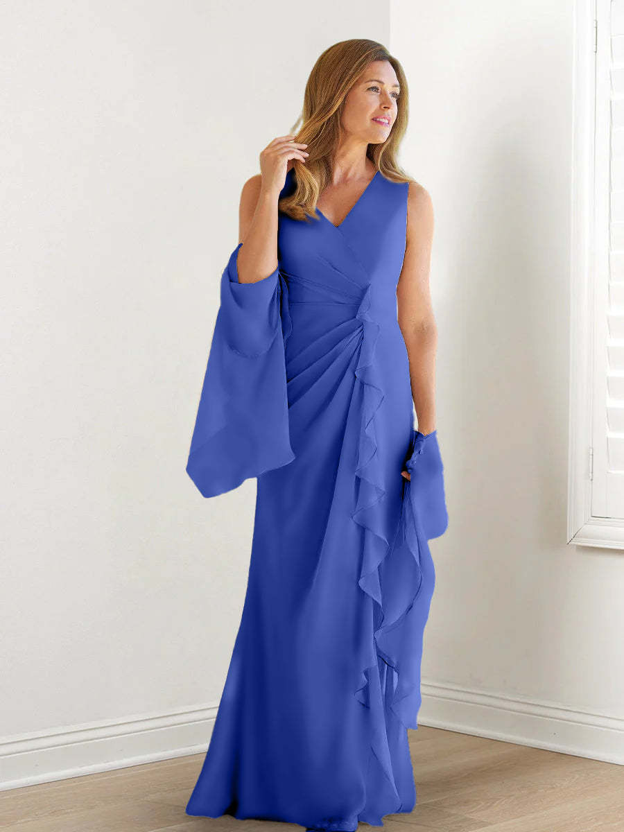 V-Neck Sleeveless Floor-Length Mother of the Bride Gown with Wraps & Ruffles