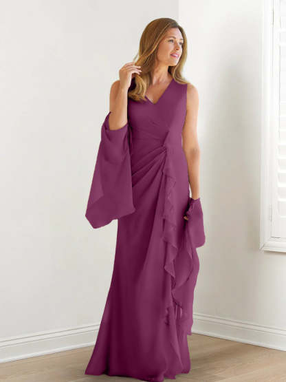 V-Neck Sleeveless Floor-Length Mother of the Bride Gown with Wraps & Ruffles